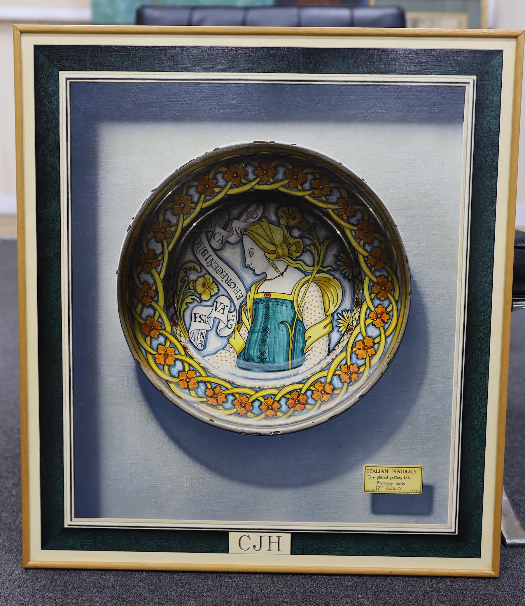 Christopher J. Harrison (b.1935), oil on board, Trompe l'oeil; Italian maiolica dish, initialled, 60 x 54cm